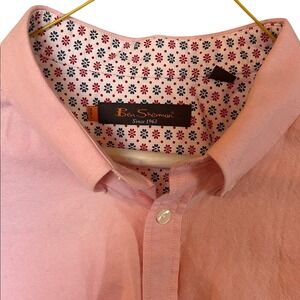 Ben Sherman Mens XXL Pink Oxford Long Sleeve Button Down Shirt Floral Trim Trim